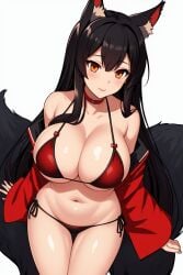 ai_generated akagi_(azur_lane) azur_lane big_breasts bikini black_bikini_bottom fox_ears fox_tail orange_eyes red_bikini red_outfit sfa1903 tail