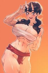 1girls abs absurd_res athletic_female breasts brown_eyes cleavage delicious_in_dungeon dungeon_meshi fit_female fundoshi hi_res hourglass_figure huge_breasts inutade_(delicious_in_dungeon) large_breasts light-skinned_female long_hair looking_at_viewer mole mole_under_eye muscular muscular_female navel ogre oni oni_female oni_horns open_mouth orange_background sarashi slim_waist solo spoiledmuffin thick_thighs twintails wide_hips