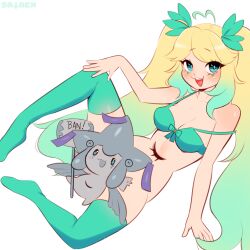 :3 ban_hammer blonde_hair blush bottomless bow bra green_eyes green_hair hammer jirachi robot sataenart sleepybot sleepyjirachi thighhighs twintails two_tone_hair