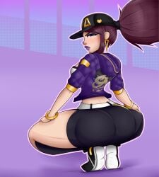 1girls 2019 akali aplanningduo ass breasts broly_culo brown_hair clothing commission earrings hat jacket k/da_akali k/da_series league_of_legends long_hair looking_at_viewer looking_back ponytail purple_background purple_eyes purple_lipstick shoes solo squatting white_skin