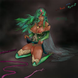 1futa blue_eyes breasts dress dress_lift final_fantasy final_fantasy_iv flaccid futa_only futanari green_hair hair intersex kneeling large_breasts long_hair necklace nipples penis pubic_hair renzai renzai-hentai rydia solo solo_futa thighhighs