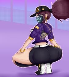 1girls 2019 akali aplanningduo ass breasts broly_culo brown_hair clothing commission earrings hat jacket k/da_akali k/da_series league_of_legends long_hair looking_at_viewer looking_back mask ponytail purple_background purple_eyes shoes solo squatting white_skin