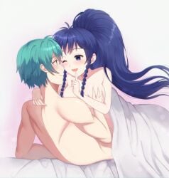 1boy 1girls bed bedroom big_breasts blue_hair blush breast_grab breasts ephraim_(fire_emblem) female fire_emblem fire_emblem:_the_sacred_stones fire_emblem_heroes green_hair heart in_bed lilshironeko male nintendo romantic straight tagme tana_(fire_emblem)