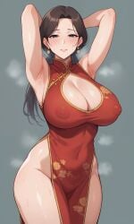 1girls aaaletter ai_generated armpits belly big_breasts blush breasts chinese_clothes hands_behind_head hips light-skinned_female long_hair looking_at_viewer milf nipples original_character seductive_look standing sweat transparent_clothing wet wide_hips