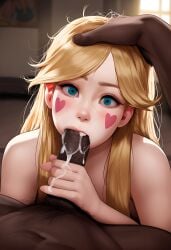 ai_generated blonde_female blonde_hair blowjob blue_eyes cock_worship cum cum_in_mouth dark-skinned_male hand_on_head holding_penis interracial light_skinned_female messy_hair star_butterfly star_vs_the_forces_of_evil sucking_penis teenage_girl teenager