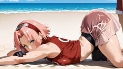 1girls ai_generated arched_back armpit armpits back back_arch black_shorts breasts cat_pose covered_nipples elbows female gloves green_eyes human krispykenny kunoichi naruto naruto_(classic) naruto_(series) naruto_shippuden ninja nipple_bulge pink_hair pose posing pressing_breasts sakura_haruno sandals shorts shoulders sleeveless sleeveless_shirt transparent transparent_clothing wet