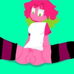 free gay gay_domination gloves gloves_and_boots_only green_background green_eyes green_hair mundo_torajo oc pink_and_green_hair pink_body pink_hair pink_nipples pink_nose pink_penis pink_shirt pink_skin pitaya socks white_shirt