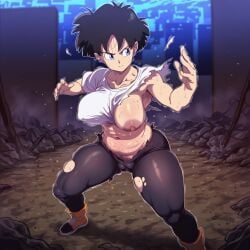 ai_generated armpit_hair breasts_out cameltoe clothed clothing d-art_style dragon_ball female female fighting_stance hairy_armpits pubic_hair pubic_hair_peek sagging_breasts solo solo_female sweat torn_clothes videl videl_(short_hair)