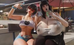 . 2girl 2girls 3d annoyed annoyed_expression bangs big_breasts big_nipples black_clothing black_eyebrows black_eyes black_fingernails black_hair black_lips black_lipstick black_makeup black_nails black_nipples black_skirt blue_clothes blue_clothing blue_shorts blunt_bangs bob_cut breasts bullying busty charlotte_(fortnite) dark_clothing dark_hair drink drinking durr_burger earrings epic_games evie_(fortnite) female female/female female_focus female_only fortnite fortnite:_battle_royale goth goth_girl highleg highleg_skirt huge_boobs huge_breasts huge_nipples hyper_nipples large_nipples lipstick long_skirt looking_at_another looking_away looking_back makeup massive_nipples medium_hair middle_finger nipple_indentation nipples pleated_skirt red_earrings red_lipstick selfie selfie_pose shorts shoulder_length_hair showing_off skirt smile smiling straight_hair sunglasses sunglasses_on_head superhentaimaster9000 swollen_nipples thick_nipples thick_thighs thighs wink winking winking_eye x_redeyes