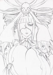 areolae artist_request bleach breast_squeeze breasts bursting_breasts cleavage drill_hair eye_patch female hand_drawn highres huge_breasts japanese_clothes katen_kyoukotsu katen_kyoukotsu_(oiran) monochrome personification sketch skull sougyo_no_kotowari traditional_media yagyuu zanpakutou_spirit