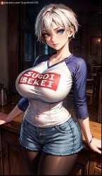 1girls ai_generated big_breasts blue_eyes blush curvaceous curvy curvy_body curvy_female curvy_figure female female_only huge_breasts indoors large_breasts pantyhose short_hair shorts supr3metr thick_thighs thighs tight_clothing uzaki-chan_wa_asobitai! uzaki_hana