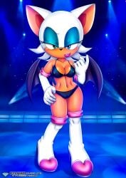 1girls bat_wings bbmbbf black_bra black_panties boots bra bra_and_panties diamond_level eyes_half_closed eyes_half_open furry gloves hand_on_hip lights looking_at_viewer mobius_unleashed one_hand_on_hip palcomix panties rouge_the_bat seductive_look seductive_smile sega solo sonic_(series) sonic_the_hedgehog_(series) stage stage_lights standing thighs wings