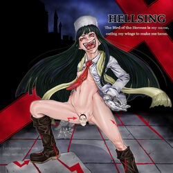 1girls alucard_(hellsing) areolae bangs black_hair blunt_bangs boots breasts canon_genderswap censored collared_shirt english_text fangs female female_only footwear front_view girlycard gloves hand_on_hip hat hellsing human humanoid kouta_(artist) long_hair navel night nipples no_bra novelty_censor one_breast_out open_shirt open_smile raised_eyebrow rule_63 scarf sharp_teeth shirt sky slit_pupils small_breasts smile solo spread_legs text toned vampire very_long_hair white_gloves white_skin