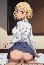 ai_generated aindroidparanoid anus ass ass_focus bed big_breasts blonde_hair breasts censored cowgirl_position from_behind hips huge_ass huge_breasts indoors large_breasts narrow_waist nipples penis please_don't_bully_me,_nagatoro pussy reverse_cowgirl_position sakura_(nagatoro) school school_uniform schoolgirl sex shirt short_hair skirt stable_diffusion tan tan-skinned_female tanned vaginal_penetration wide_hips yellow_eyes