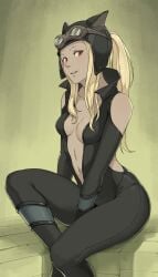 1girls ass bare_shoulders blonde_hair cat_ears cheshirrr cleavage cute female female_only fit_female gravity_rush hourglass_figure kat_(gravity_rush) looking_back medium_breasts naked_under_clothes navel navel_line open_jacket open_mouth ponytail sitting slim_waist suit tagme thick_thighs v-line wide_hips wide_thighs