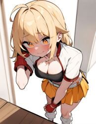 ahoge ai_generated belt black_crop_top black_tube_top black_tubetop blonde_female blonde_hair brown_eyes cleavage clothed clothes crop_top cropped_jacket fighter_(soul_knight) fingerless_gloves first_porn_of_character fully_clothed gloves loose_socks medium_breasts midriff orange_skirt pleated_skirt red_fingerless_gloves red_gloves short_hair skirt smile smiling socks soul_knight thighs tube_top tubetop white_belt white_socks