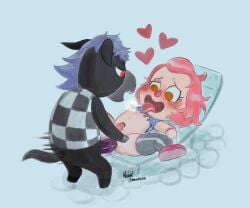 2017 2boys anal anal_sex animal_crossing black_body black_fur blue_background blush femboy furry gay heart hearts_around_head horse horsecock legs_apart long_hair magnta male male_focus male_only nintendo nipples penis pink_hair purple_hair red_eyes roscoe_(animal_crossing) tongue tongue_out villager_(animal_crossing)