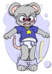 1boy anthro blushing cub embarrassed furry glasses gray_fur humiliation mouse mouse_boy nerd solo t-shirt underwear unknown_artist young