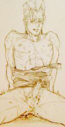 2boys censored censored_penis cowgirl_position earrings erect_penis gay hi_res jean_pierre_polnareff jojo's_bizarre_adventure legs_apart male_focus male_only muscular nipples nude paper_drawing riding riding_penis stardust_crusaders sweat top_down top_on_belly top_only traditional_media