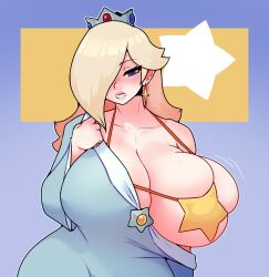 1girls 2d ass blonde_female blonde_hair blue_clothing blue_dress blue_eyes bra breasts breasts_bigger_than_head busty crown dabble female female_only huge_breasts mario_(series) princess princess_rosalina solo tagme top_heavy