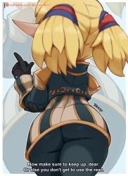 1female 1girls 2d 2d_(artwork) ass ass blonde_hair brachyzoid clothed clothed_sex clothing english english_text female female female_only final_fantasy final_fantasy_xi hair low-angle_view non_human shantotto shortstack tarutaru text