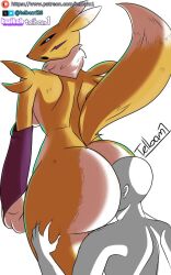 1boy 1girls 2024 anon anthro ass big_ass big_breasts black_sclera blue_eyes breasts digimon digimon_(species) duo face_in_ass female fit_female fluffy_tail fur furry large_ass looking_back male male/female open_mouth raised_tail renamon simple_background standing tail telbam123 thick_thighs white_background wide_hips yellow_fur