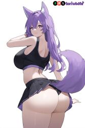 1girls :3 ai_generated ass ass_focus big_breasts breasts cheerleader curvy cute dog_ears dog_girl doggirl female female_only highres hips huge_boobs huge_breasts kemonomimi light_skin light_skinned_female long_hair looking_at_viewer looking_back panties patreon_username petgirl petite purple_ears purple_eyes purple_hair purple_tail rear_view skirt sports_bra thick_thighs thighs tori toriwoofs watermark wavy_hair white_background wide_hips wolf_ears