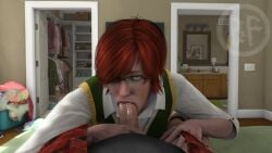 1boy 3d 3d_(artwork) artist_logo bedroom blowjob brother_fuzzman clothed female glasses green_eyes indoors looking_at_viewer on_bed red_hair shani short_hair the_witcher_(series) the_witcher_3:_wild_hunt