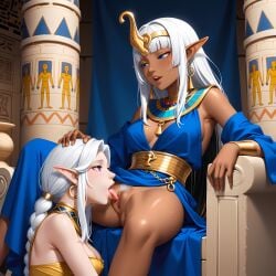 ai_generated blue_eyes cultural_outfit dark-skinned_female egyptian egyptian_female female/female pussy_licking submissive_female white_hair