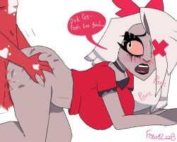 angel blush choker chubby demon demon_boy dialogue doggy_style fallen_angel fat_ass hazbin_hotel hellaverse hesitant imp lesbian_gets_dicked male naked open_mouth panting speech_bubble thick_ass thick_thighs vaggie_(hazbin_hotel)