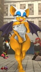 3d 3d_(artwork) anthro areola_slip areolae blue_eyes covering exhibitionism female female_focus furry grey-yordle knuckles_the_echidna looking_at_viewer male newspaper nude nude_female public_nudity rouge_the_bat sega shadow_the_hedgehog smiling sonic_(series)