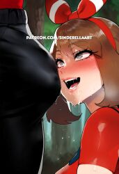 1boy 1girls ai_generated aroused ass big_ass big_breasts big_butt black_shorts breasts bulge bulge_through_clothing cheating dark-skinned_male dark_skin female huge_breasts interracial large_ass large_breasts light-skinned_female light_skin male may_(pokemon) may_(pokemon_oras) netorare ntr pokemon sinderellaart straight teasing