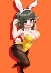 akashi_maho big_breasts blush bunny_ears bunnysuit d4dj fishnets light_green_leaf sweat thick_thighs