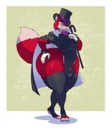 "honest"_john_foulfellow anthro bulge cane canid canine clothed clothing cuff_links femboy fox green_eyes hat headgear headwear hi_res hyper_hips legwear male mammal reagan700 solo tail thick_thighs thigh_highs top_hat