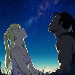 1boy 1girls abasta ai_generated barefoot bed bedroom blonde_hair blue_eyes dark dark-skinned_male dark_skin dress fullmetal_alchemist interracial light-skinned_female looking_up night outdoors romantic sitting smiling smug stars winry_rockbell