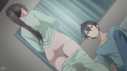 1boy 1girls artist_logo ass bed bedroom brother_and_sister brown_hair cowboy_shot curtains dutch_angle female from_behind green_pajamas green_panties high_ponytail highres incest indoors keihh kuze_masachika long_hair looking_at_another on_bed pajamas pajamas_pull panties panty_pull short_hair siblings smile standing suou_yuki thighs tokidoki_bosotto_russian_de_dereru_tonari_no_alya-san underwear