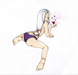 barefoot blushing forehead_markings hair_tied_back heart kimimaro looking_at_viewer looking_back male_focus male_only naruto tagme underwear_only white_background white_hair