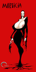 big_breasts black_dress black_hair exposed_nipples eyelashes eyeliner goth huge_breasts lipstick long_hair morticia_addams omac red_background tagme the_addams_family