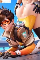 ai_generated ass_up brown_hair doggy_style goggles omega-weirdo orange-tinted_eyewear overwatch overwatch_2 patreon tinted_eyewear tracer