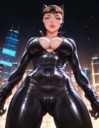 1girls ai_generated artist_signature batman_(series) big_breasts bodysuit breasts catwoman cleavage dc dc_comics female female_only fr34ky huge_breasts large_breasts lipstick plump_lips selina_kyle shiny_skin solo solo_female tagme thick_thighs unzipped