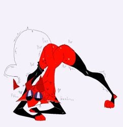 ambiguous_gender anthro bodily_fluids clothing demon horn humanoid nude open_mouth red_body sam_(xexeezy) sex solo spade_tail stirrup_stockings tail text xexeezy