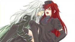 2boys blush dress gay glasses grell_sutcliff kuroshitsuji male_only red_hair tagme undertaker_(kuroshitsuji) very_long_hair white_hair yaoi