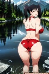 ai_generated aindroidparanoid ass ass_focus big_breasts bikini black_hair breasts brown_eyes cameltoe covered_nipples fat_ass from_behind huge_ass jujutsu_kaisen large_breasts nipples nobuko_takada river stable_diffusion swim twintails water wet