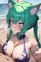 ai_generated beach bikini blush cat_ears catgirl emerald_(flanofart) flanofart green_hair grey_eyes mouthless oc original_character paizuri tagme titfuck titjob twintails