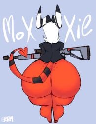 1boy 2d 2d_(artwork) 2d_artwork big_ass big_ass_(male) demon fat_ass gun half-dressed half_naked helluva_boss horned_humanoid horns huge_ass imp moxxie_(helluva_boss) pointy_tail red_body remiman spear_tail tail thick_thighs thunder_thighs vivienne_medrano vivziepop white_hair wide_hips