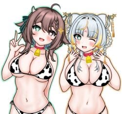 2d 2d_(artwork) 2girls alternate_costume animal_ears bell belly_button big_breasts bikini bikini_top blush bra brown_hair cleavage cow_bell cow_bikini cow_horns cow_print eternals_(idol_corp) female female_focus female_only front_view heterochromia high_resolution highres horns idol_corp idol_es latam_virtual_youtuber light-skinned_female light_skin looking_at_viewer meica navel one_eye_closed open_mouth orange_hair sexy short_hair simple_background slim_girl smiling smiling_at_viewer standing swimsuit taiga_toragami thong thong_bikini two_tone_hair virtual_youtuber vtuber vtuberfanart white_background white_hair yeizer young younger_female