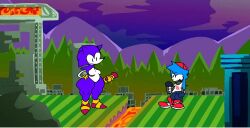 1boy 1girls big_thighs boyfriend_(friday_night_funkin) breasts encore_boyfriend_(friday_night_funkin) female friday_night_funkin friday_night_funkin_mod gloves hand_on_hip hedgehog hedgehog_girl hedgehog_humanoid hips male male/female marble_zone_(sonic_games) microphone needlemouse_(character) needlemouse_(series) purple_fur sarah_henderson_(needlemouse) shoes smile smiling sonic.exe_(series) thick_thighs thighs yellow_gloves