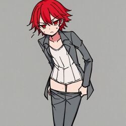 ai_generated angry annoyed coat flat_chest flat_colors gray_coat gray_pants highres imminent_sex kari_ishimari looking_at_viewer oc_(osmondai) original original_character osmondai pants pants_pull pulled_by_self pulling_down_pants red_eyes red_hair short_hair simple_background simple_shading stable_diffusion sweat sweatdrop thighs white_shirt