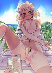 bar_censor blush breasts brown_eyes brown_hair cellphone censored chair female hair_ornament hairclip kouji_(kari) looking_at_viewer lounge_chair medium_breasts phone pov pussy senki_zesshou_symphogear short_hair sling_bikini sling_bikini_aside smartphone spread_legs sweatdrop swimsuit tachibana_hibiki_(symphogear) tan tanline