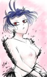 1girls bc_stars black_clover black_hair breasts breasts_outside embarrassed embarrassed_nude_female female horns light-skinned_female light_skin nipples nude nude_female red_eyes secre_swallowtail small_breasts